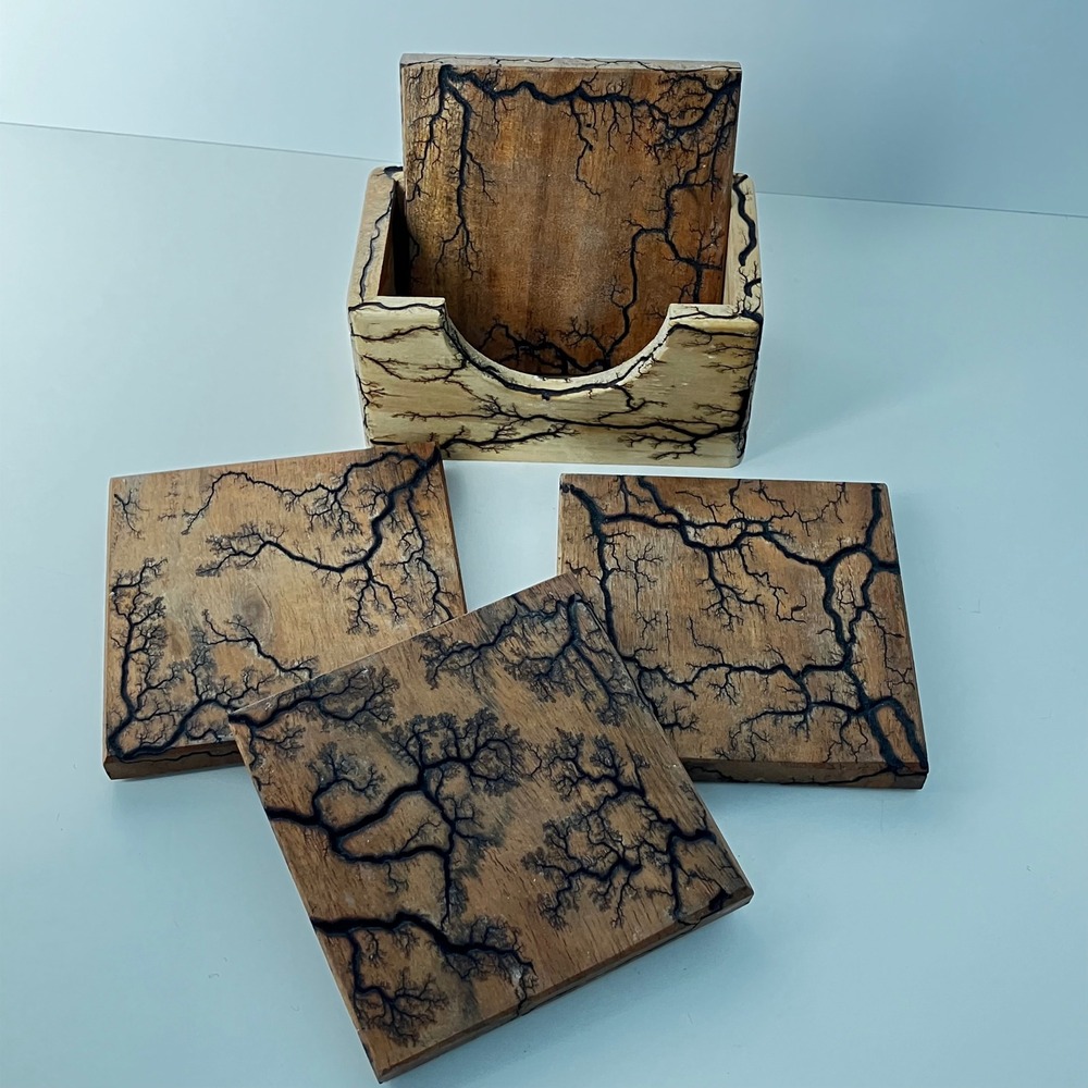 Handmade Coaster Set Lichtenberg Fractal Wood  Burning 4in Brown Lightning Art